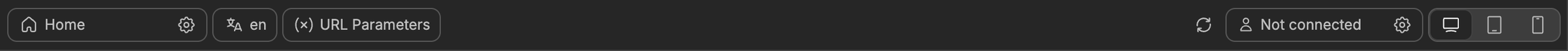 The canvas header with the page selector, language selector, URL Parameters, refresh, user display and device toggles