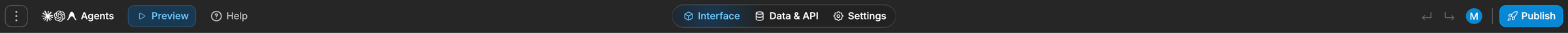 The WeWeb editor top bar with the menu, Agents, Preview, Help, the three main tabs, undo and redo, and the Publish button