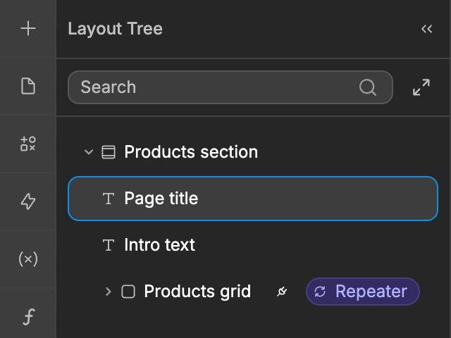 The layout tree of a page with a section, a heading, a text and a repeated grid