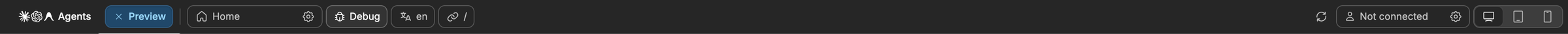 The top bar in Preview mode with the page selector, Debug, language selector, URL path and device toggles