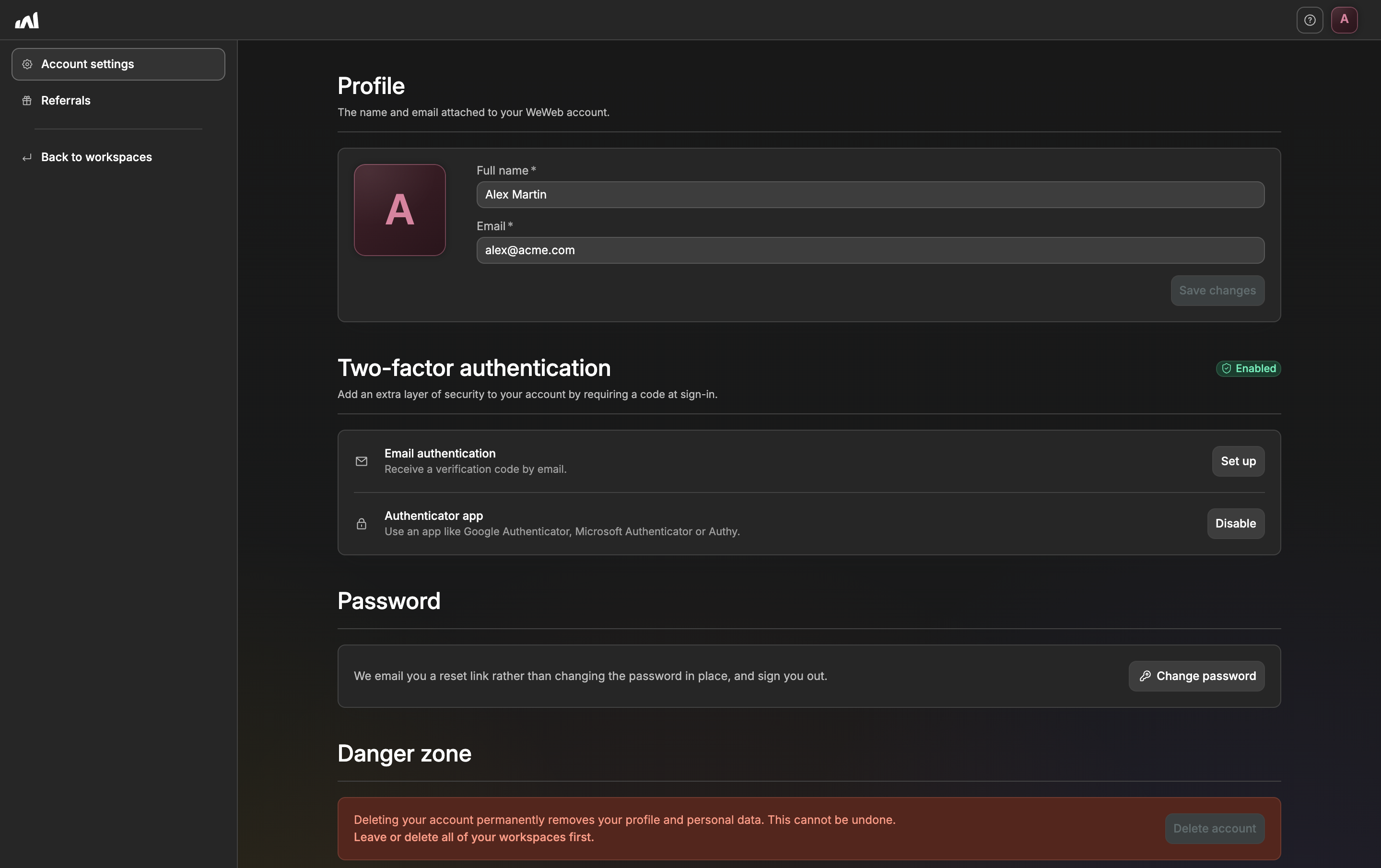 The account settings page in WeWeb