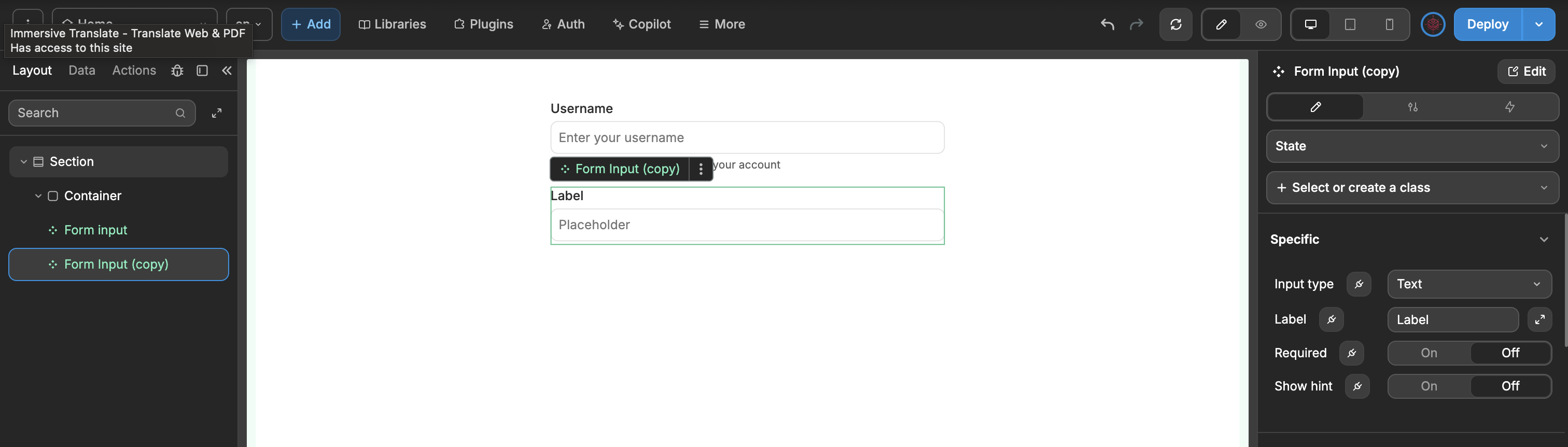 Component advanced property section