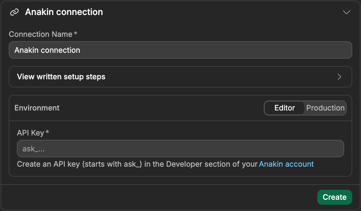 A new Anakin connection in WeWeb, with the Connection Name, the Editor and Production tabs, the API Key field and the Create button