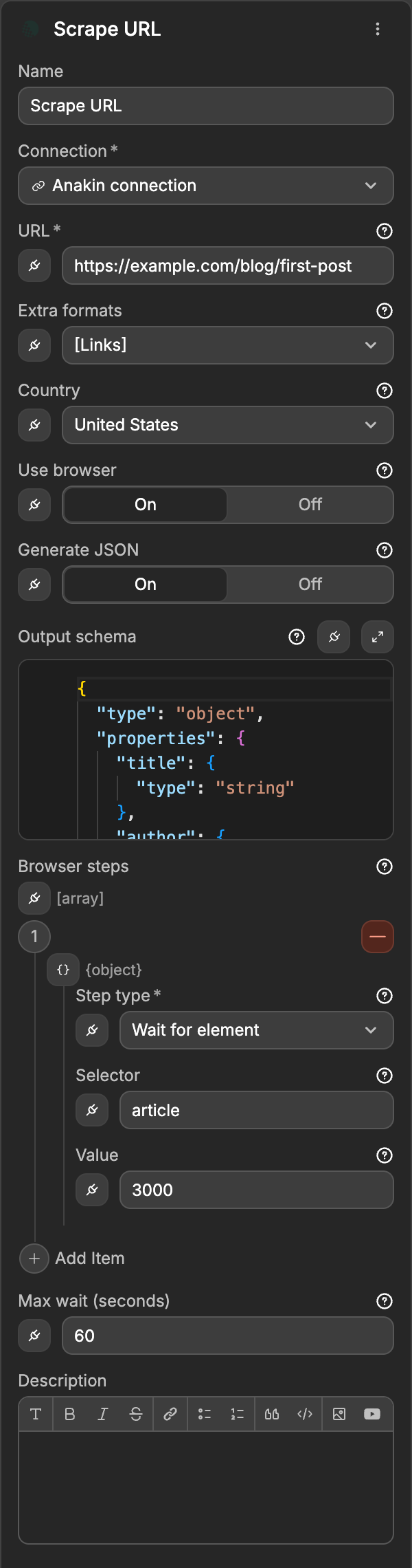 The Scrape URL action with the URL, Extra formats, Country, Use browser, Generate JSON, Output schema, Browser steps and Max wait (seconds) fields