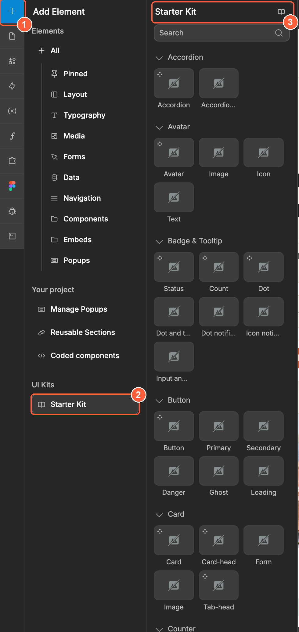 Add element or section template on the page