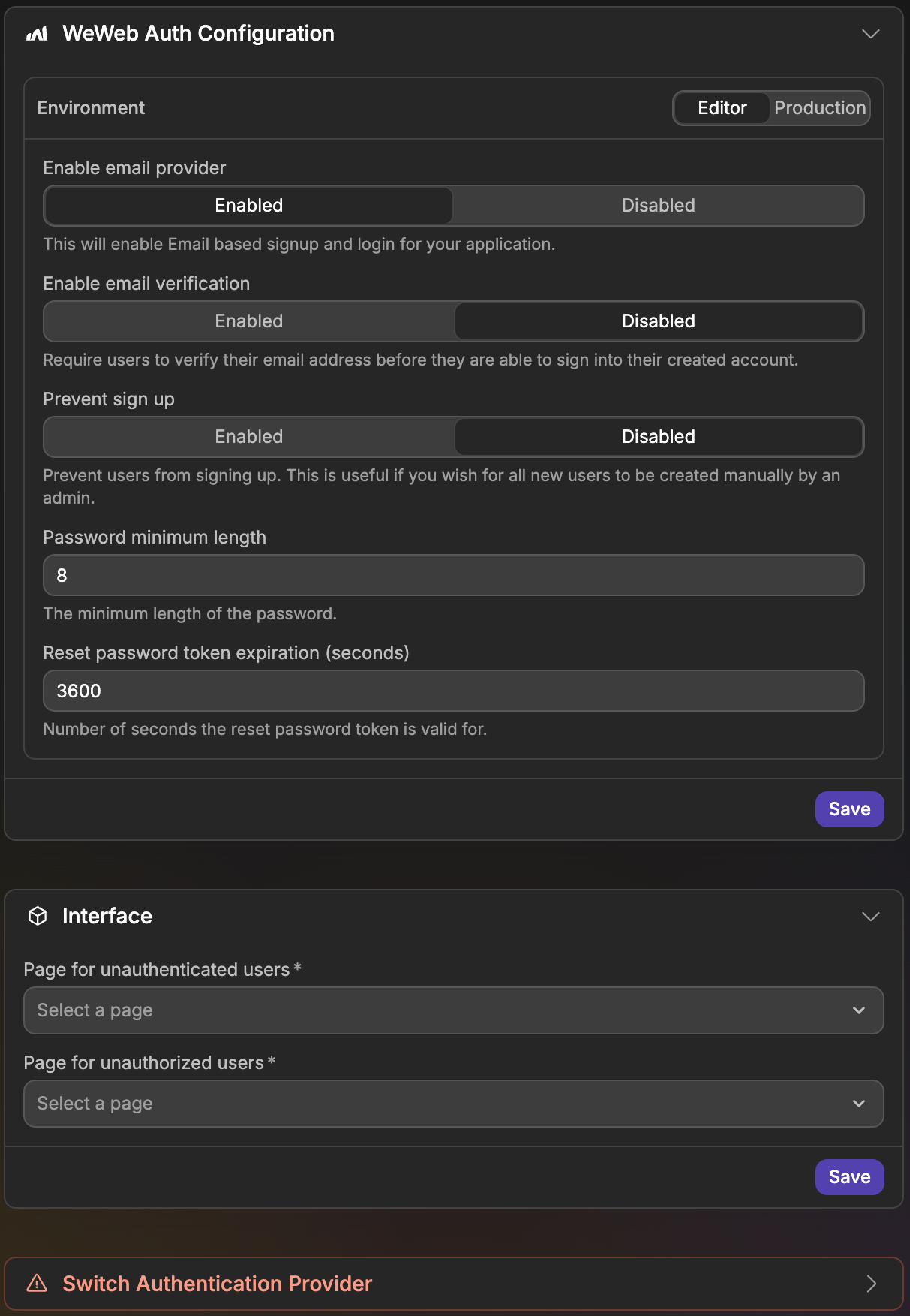 The Settings tab of Authentication with the WeWeb Auth Configuration, Interface and Switch Authentication Provider sections
