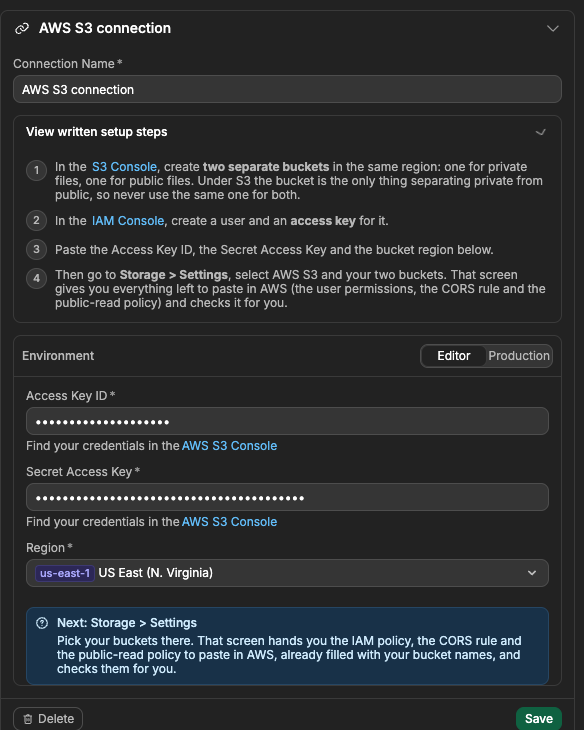 The AWS S3 connection panel in WeWeb, with the written setup steps expanded and the Access Key ID, Secret Access Key and Region fields below
