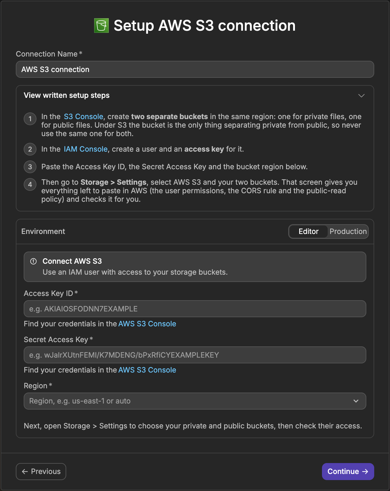 The AWS S3 connection panel in WeWeb, with the written setup steps expanded and the Access Key ID, Secret Access Key and Region fields below