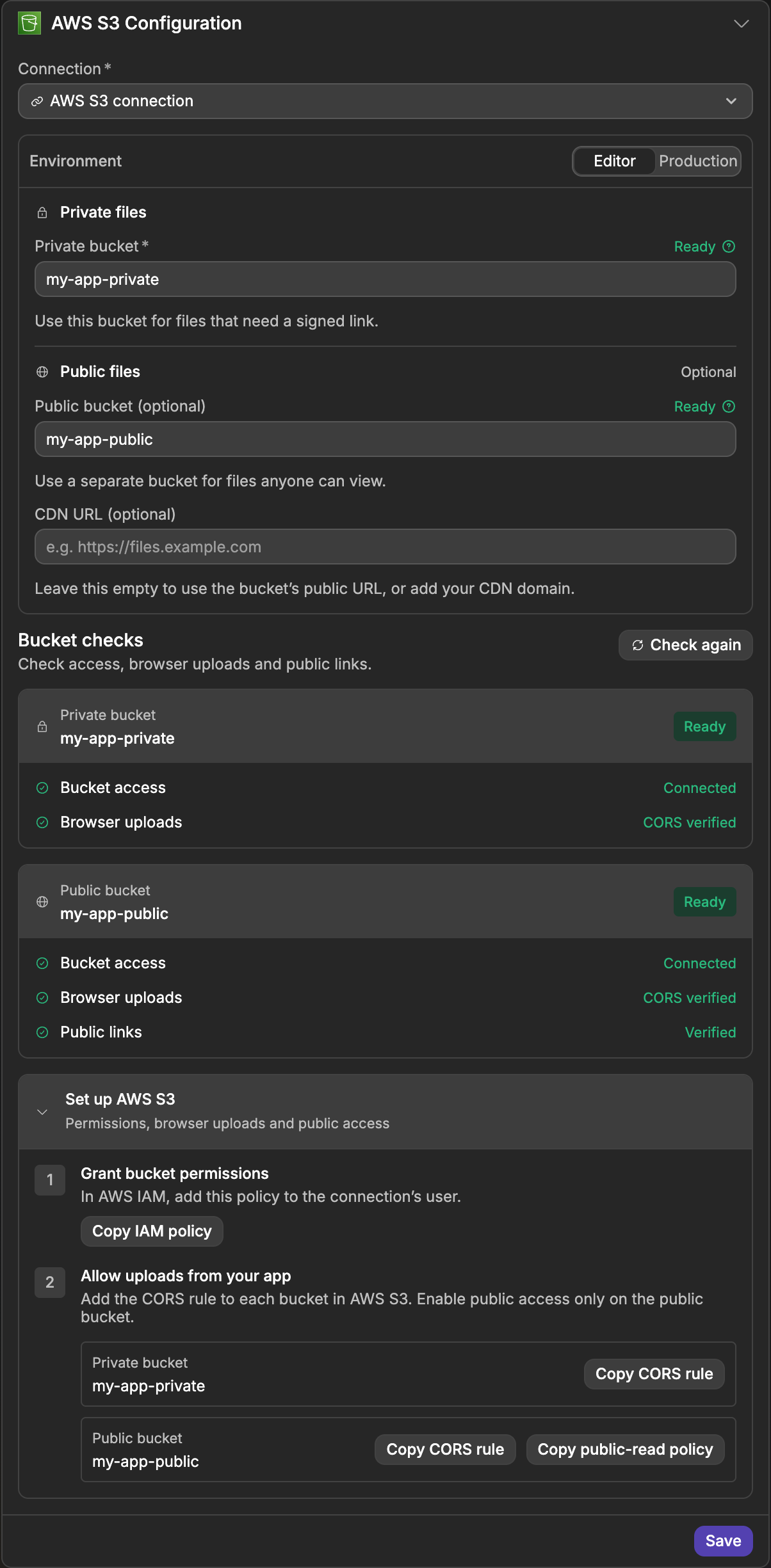 The AWS S3 Configuration panel in Storage Settings, with the private and public bucket fields, the CDN URL field, the Bucket checks results for both buckets, and the Set up AWS S3 guide with the Copy IAM policy, Copy CORS rule and Copy public-read policy buttons