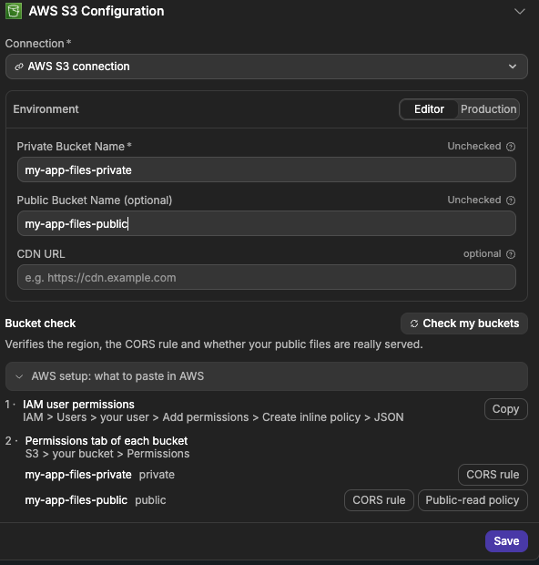 The AWS S3 Configuration panel in Storage Settings, showing the connection, the private and public bucket name fields, the CDN URL field, the Check my buckets button, and the AWS setup section listing the IAM policy, CORS rule and public-read policy to copy