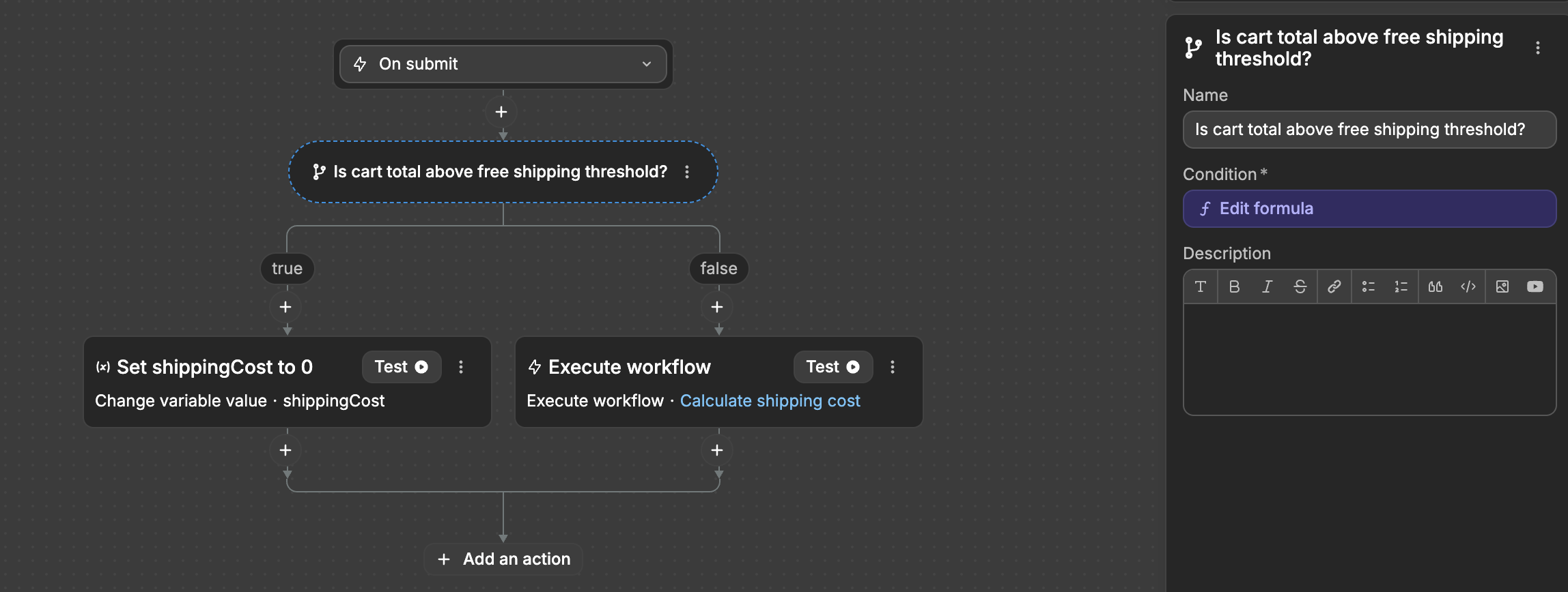 True/False split action added to workflow