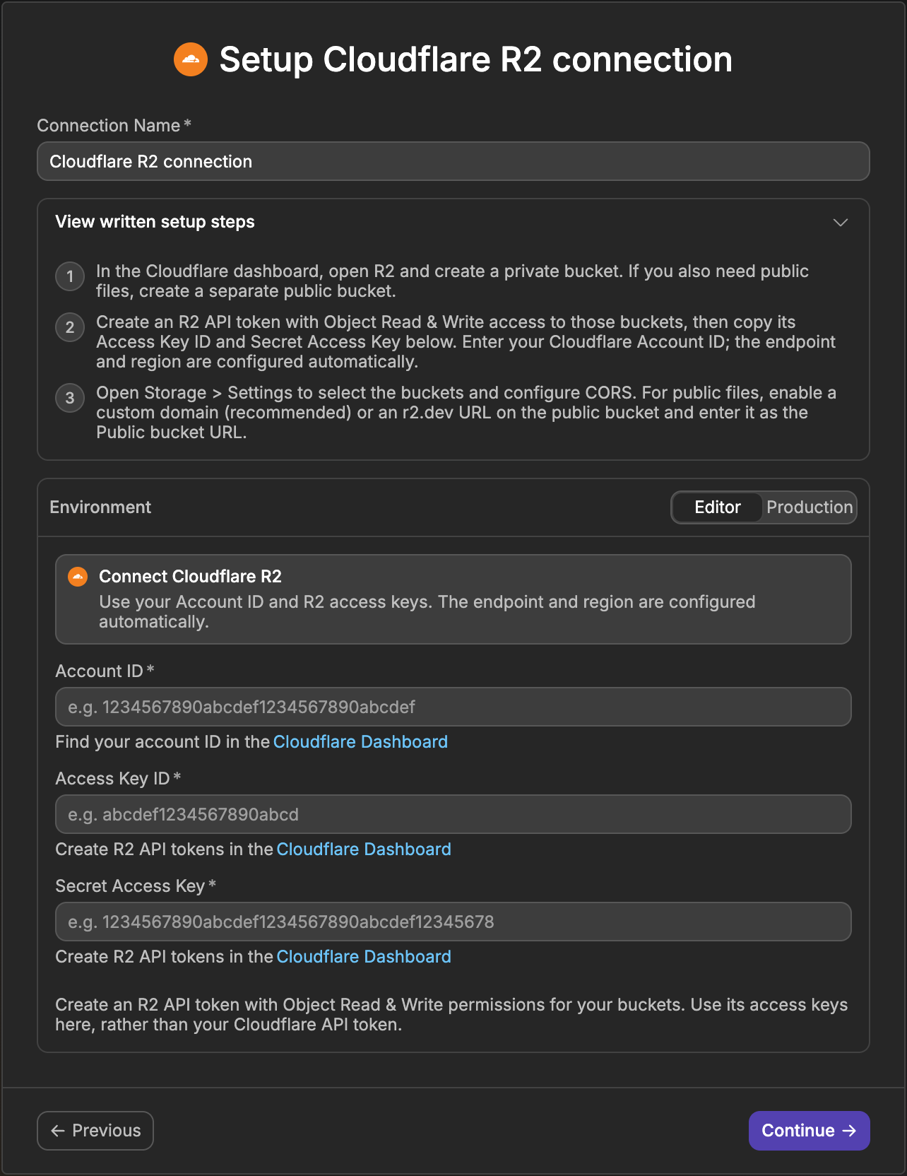 The Cloudflare R2 connection panel in WeWeb, with the written setup steps expanded and the Account ID, Access Key ID and Secret Access Key fields below