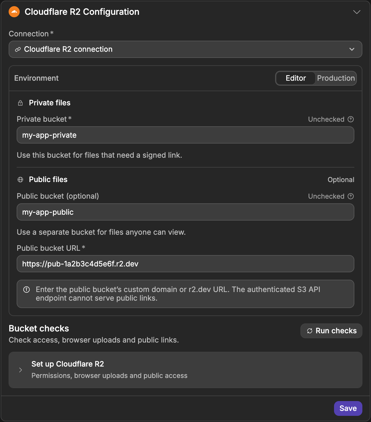The Cloudflare R2 Configuration panel in Storage Settings, with the connection, the private bucket, public bucket and Public bucket URL fields, and the Run checks button