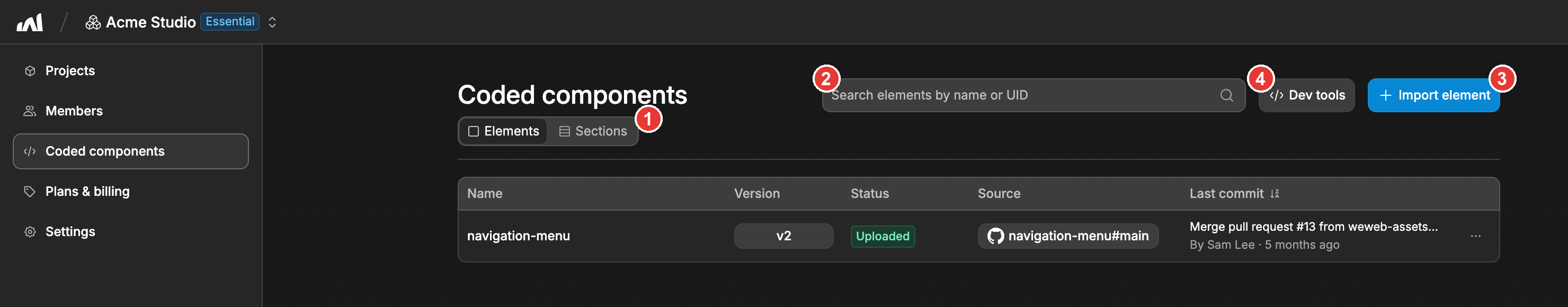 The coded components tab inside a WeWeb workspace