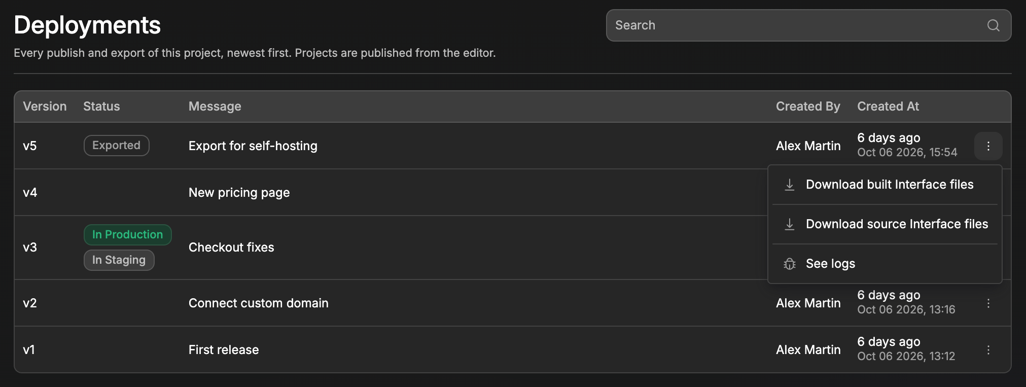 Downloading the built interface files of an export