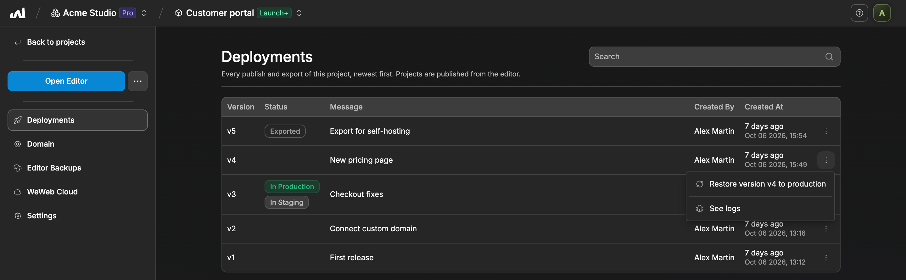 Restoring an earlier version from the Deployments tab of the dashboard
