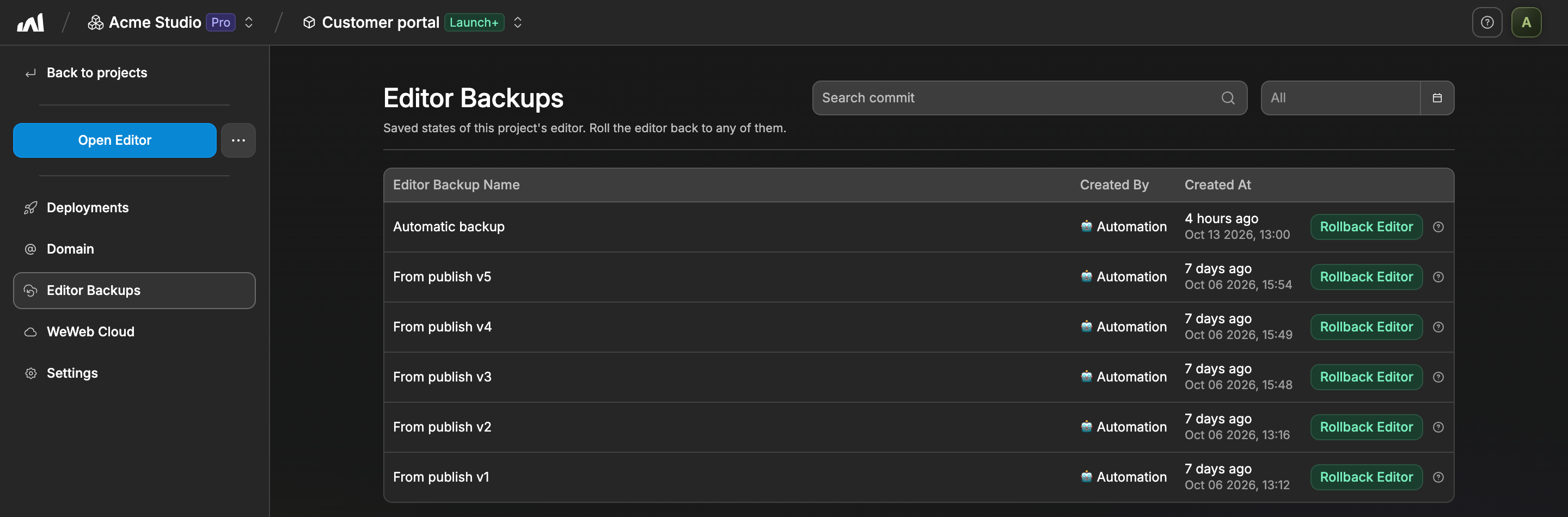 The Editor Backups tab of a project in the dashboard