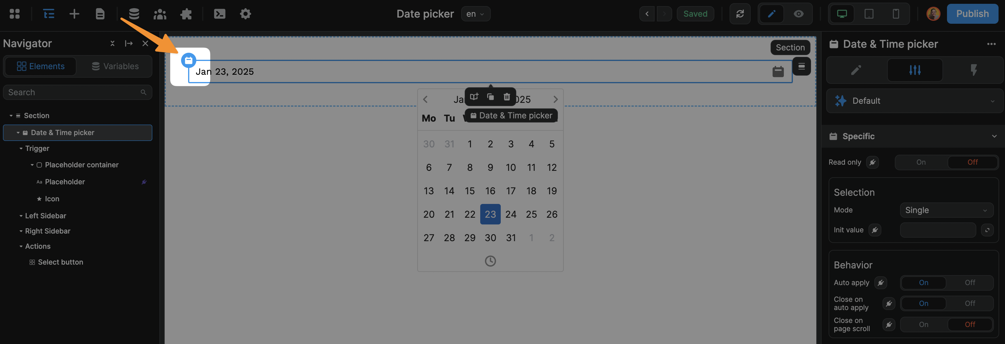 Date picker selection tip