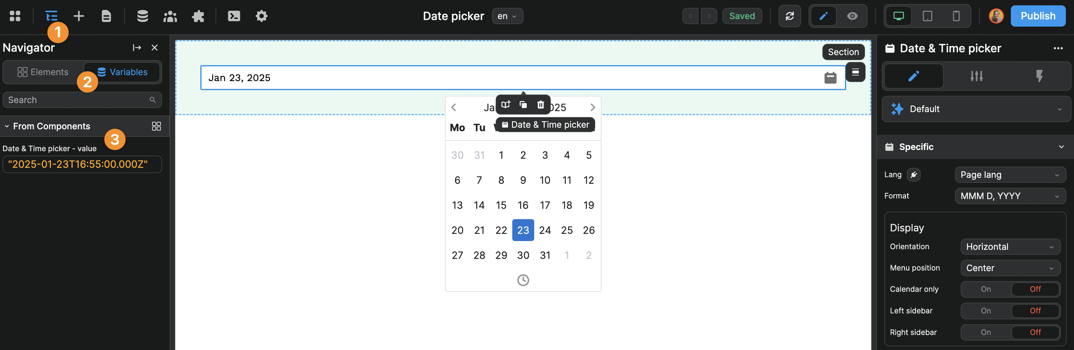 Datetime picker component variable