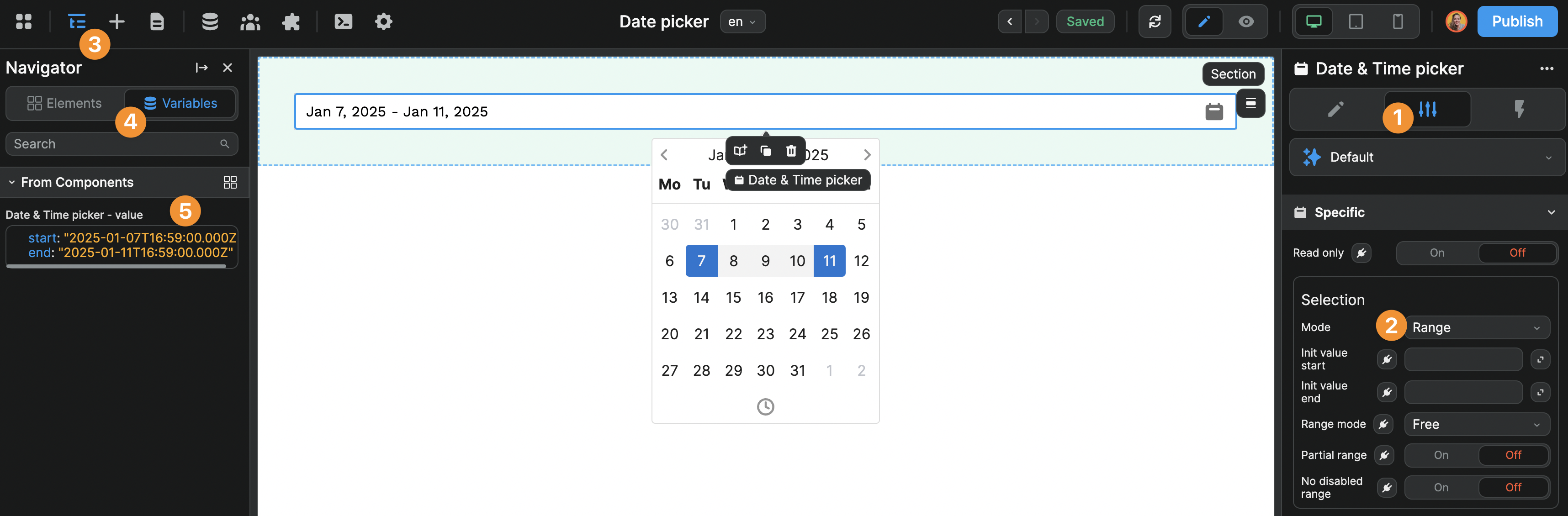 Date range picker component variable