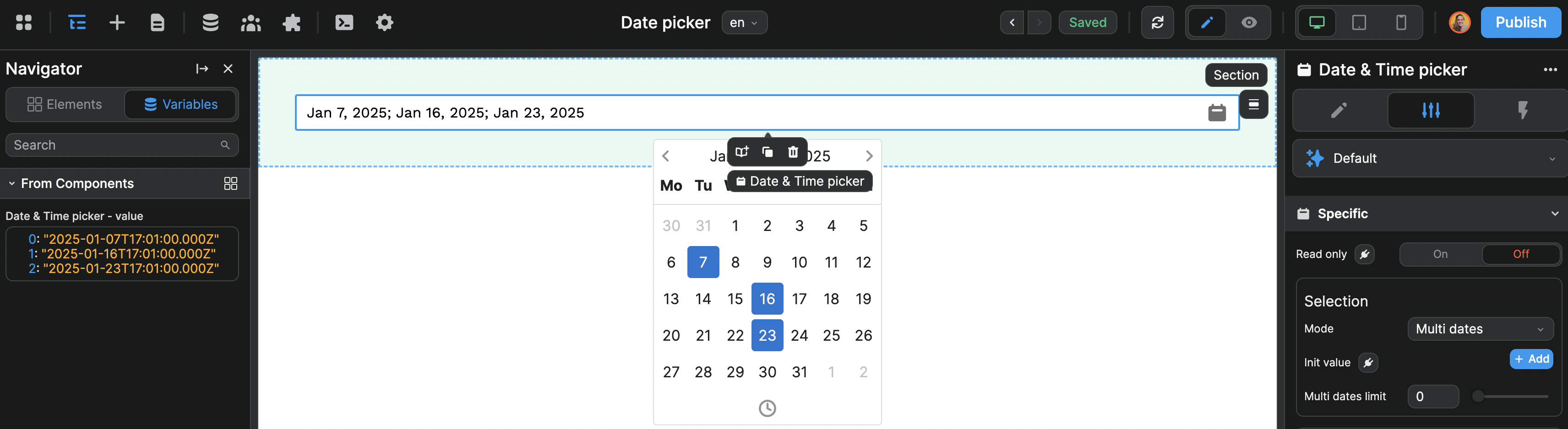 Multiple date picker component variable