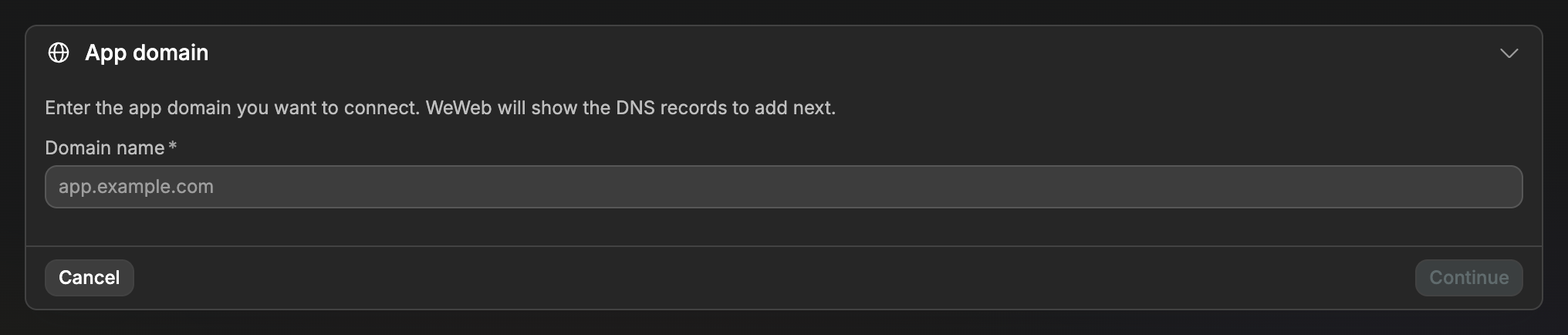 The Domain name field to connect an existing domain