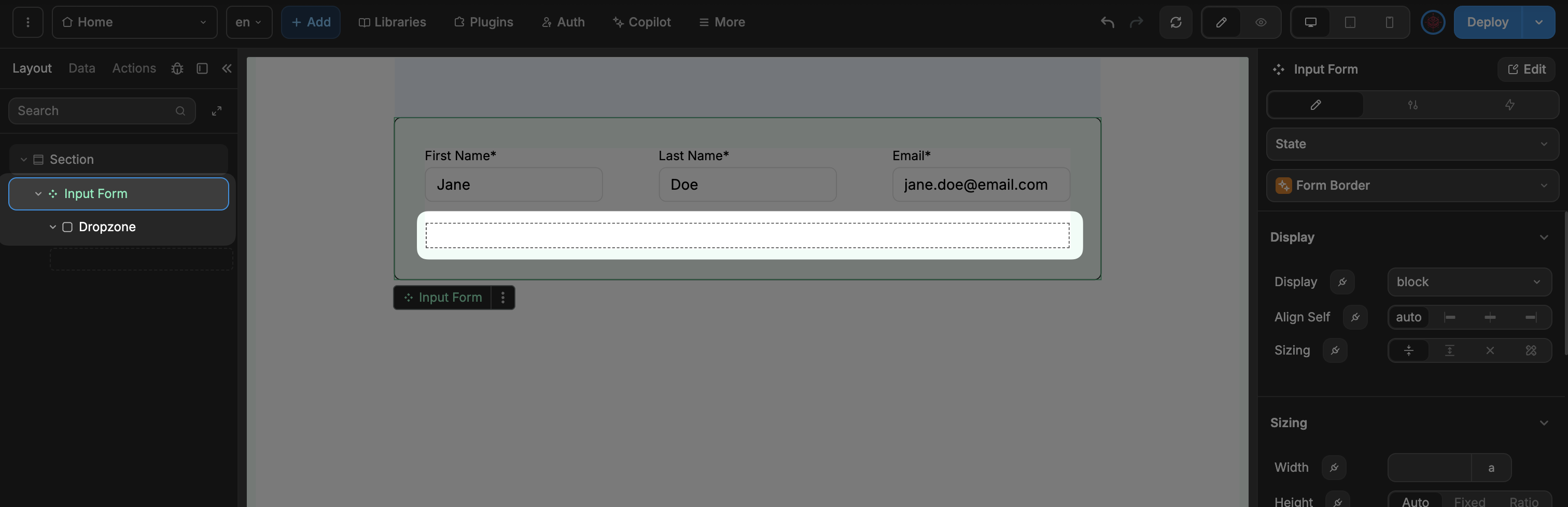 Expanded component with dropzone in the element tree and canvas