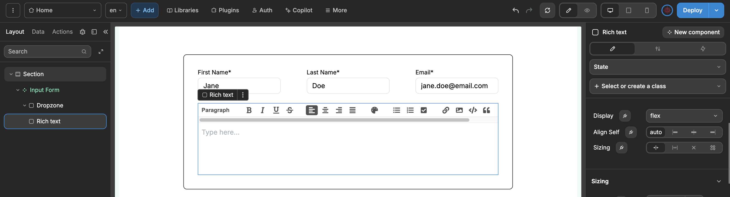 A form component with three input fields and a rich text element below them