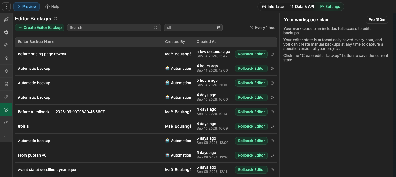 Editor Backups panel in the Settings tab