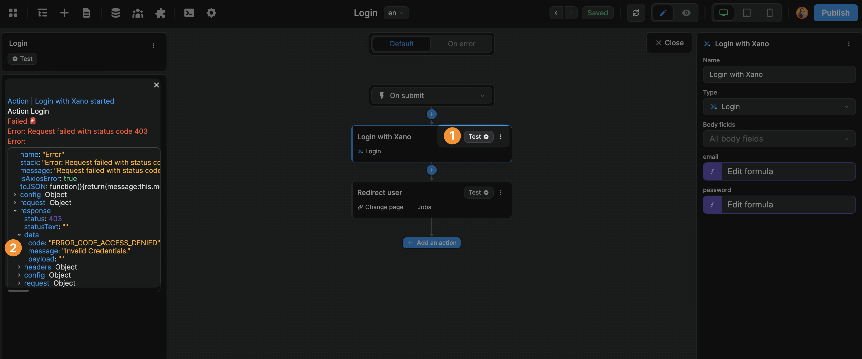 Test a workflow action in WeWeb