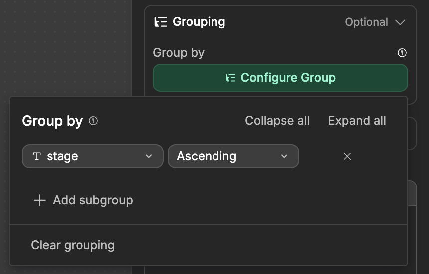 The Grouping section of Get rows, with the Group by panel set to group deals by stage