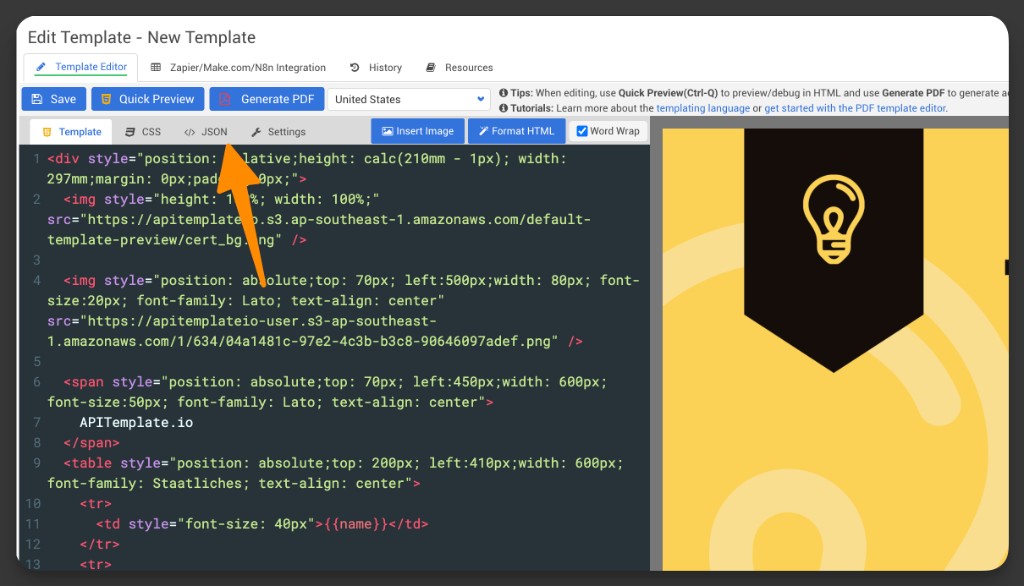 Go to the  tab in the template editor