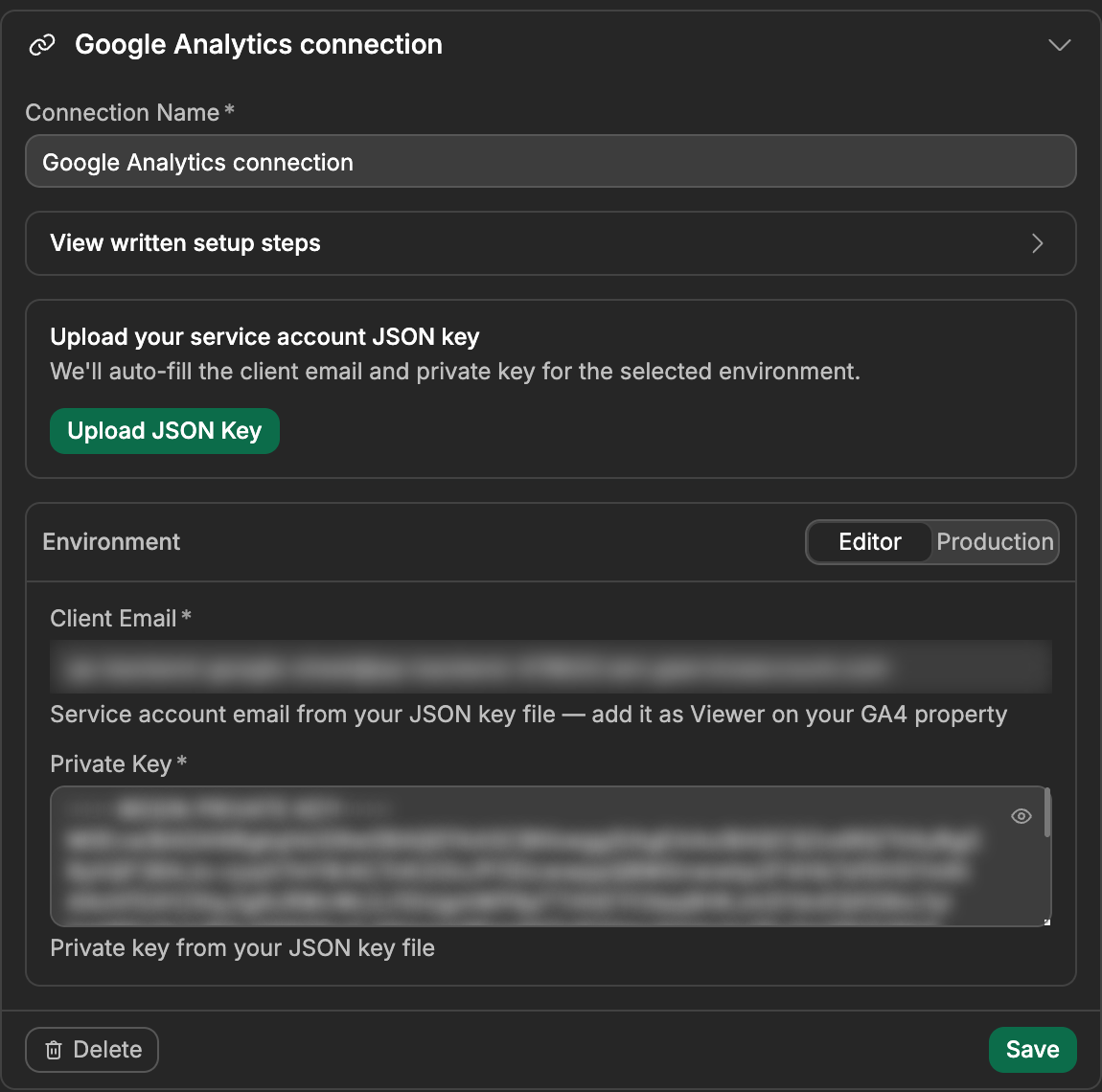 The Google Analytics connection, with the Upload JSON Key button and the Editor and Production tabs