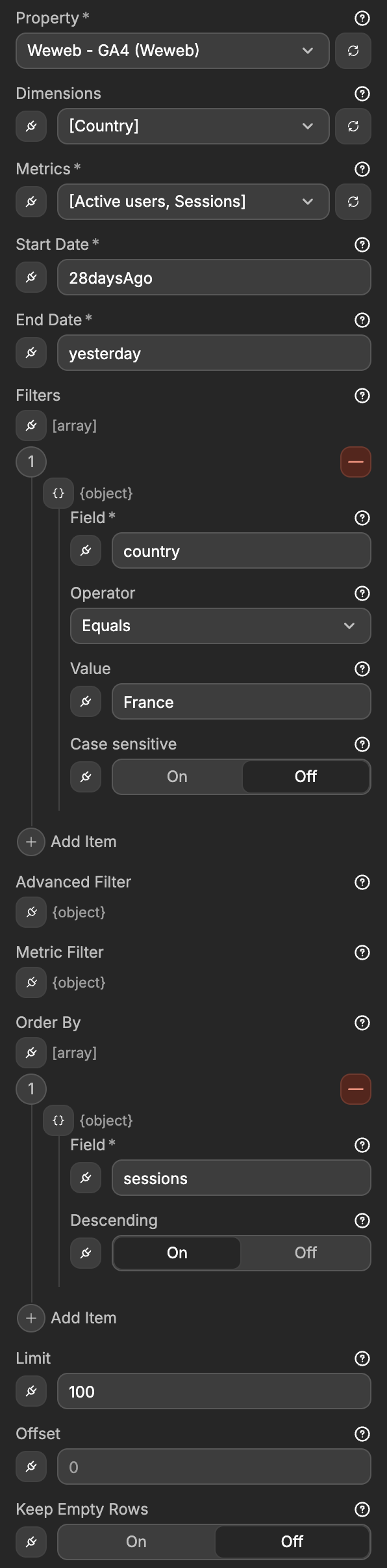 The Run Report form, with a country filter that uses the Equals operator and the Case sensitive toggle