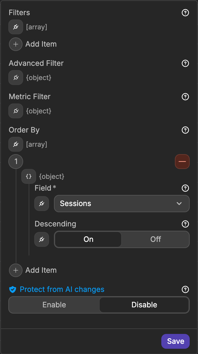 The Configuration popup of a Google Analytics table view, with Filters, Advanced Filter, Metric Filter and Order By