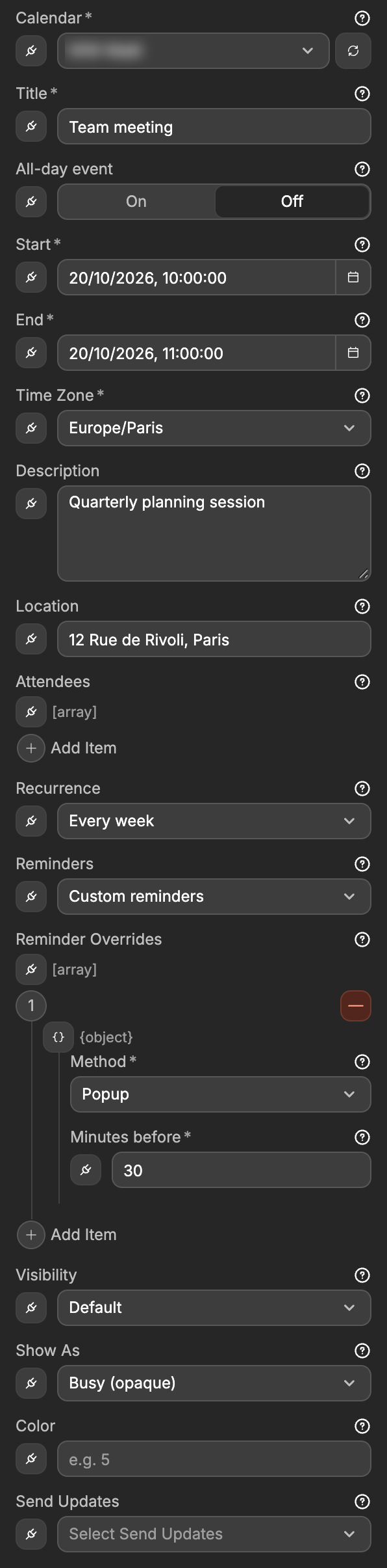 The Create Event form, with the Time Zone, Recurrence and Reminders fields