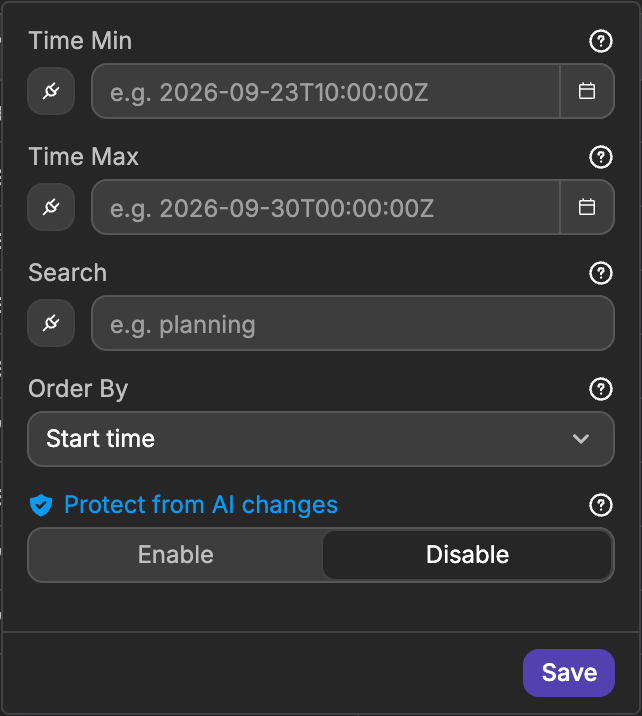 The Configuration popup of a Google Calendar table view, with Time Min, Time Max, Search and Order By