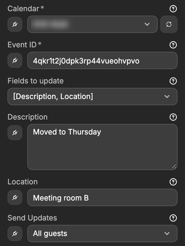 The Update Event form, with Description and Location picked in Fields to update