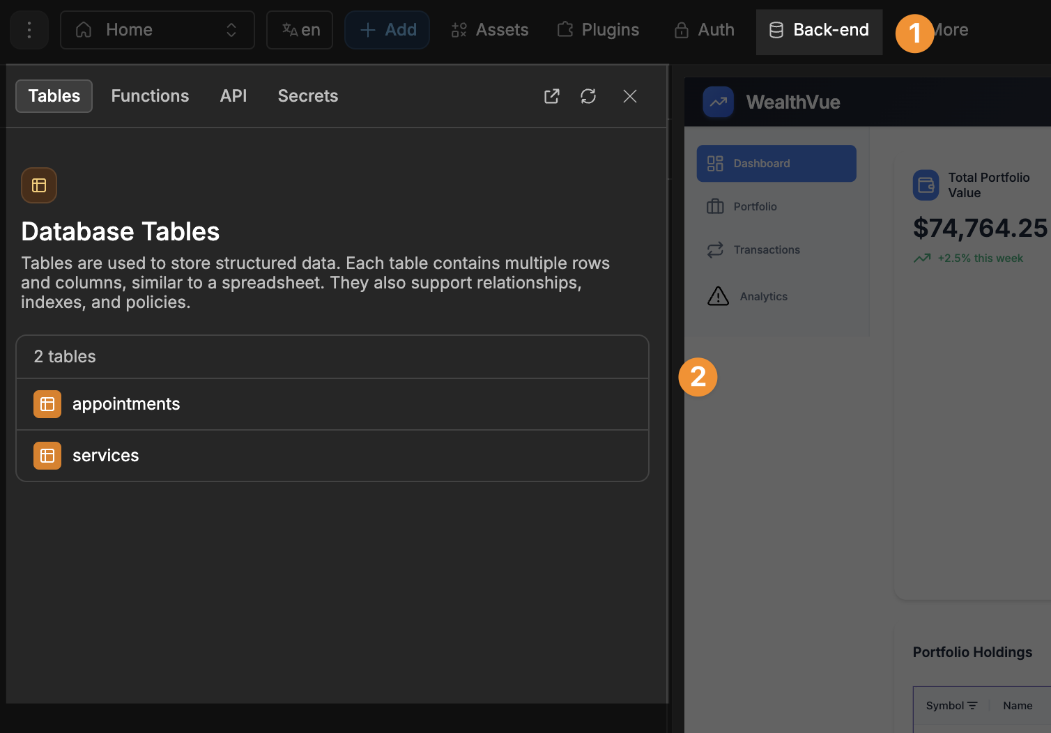 Backend panel