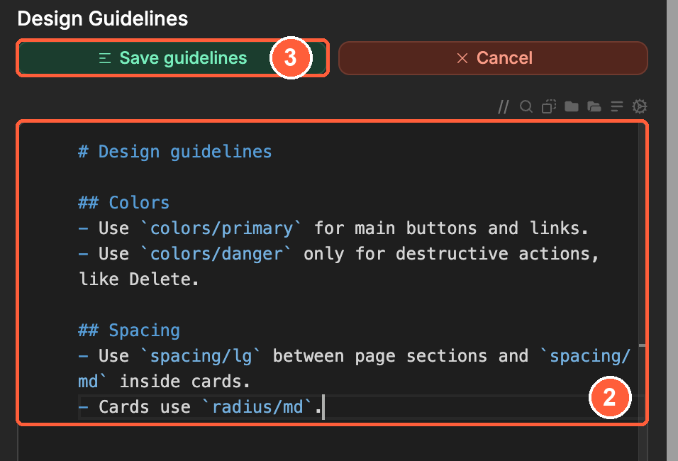 The guidelines editor with a few design rules typed in, and the Save guidelines and Cancel buttons