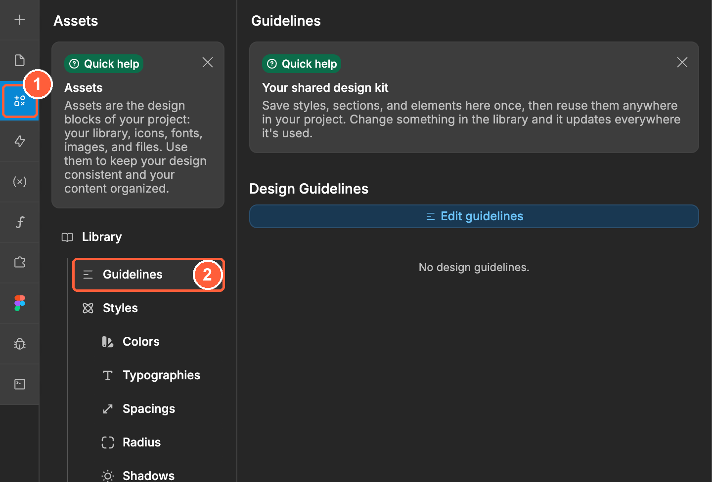 The Assets panel with Guidelines selected under Library, and the Design Guidelines section open