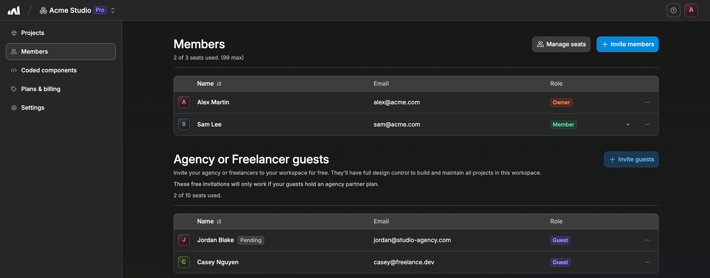The Members tab inside a WeWeb workspace