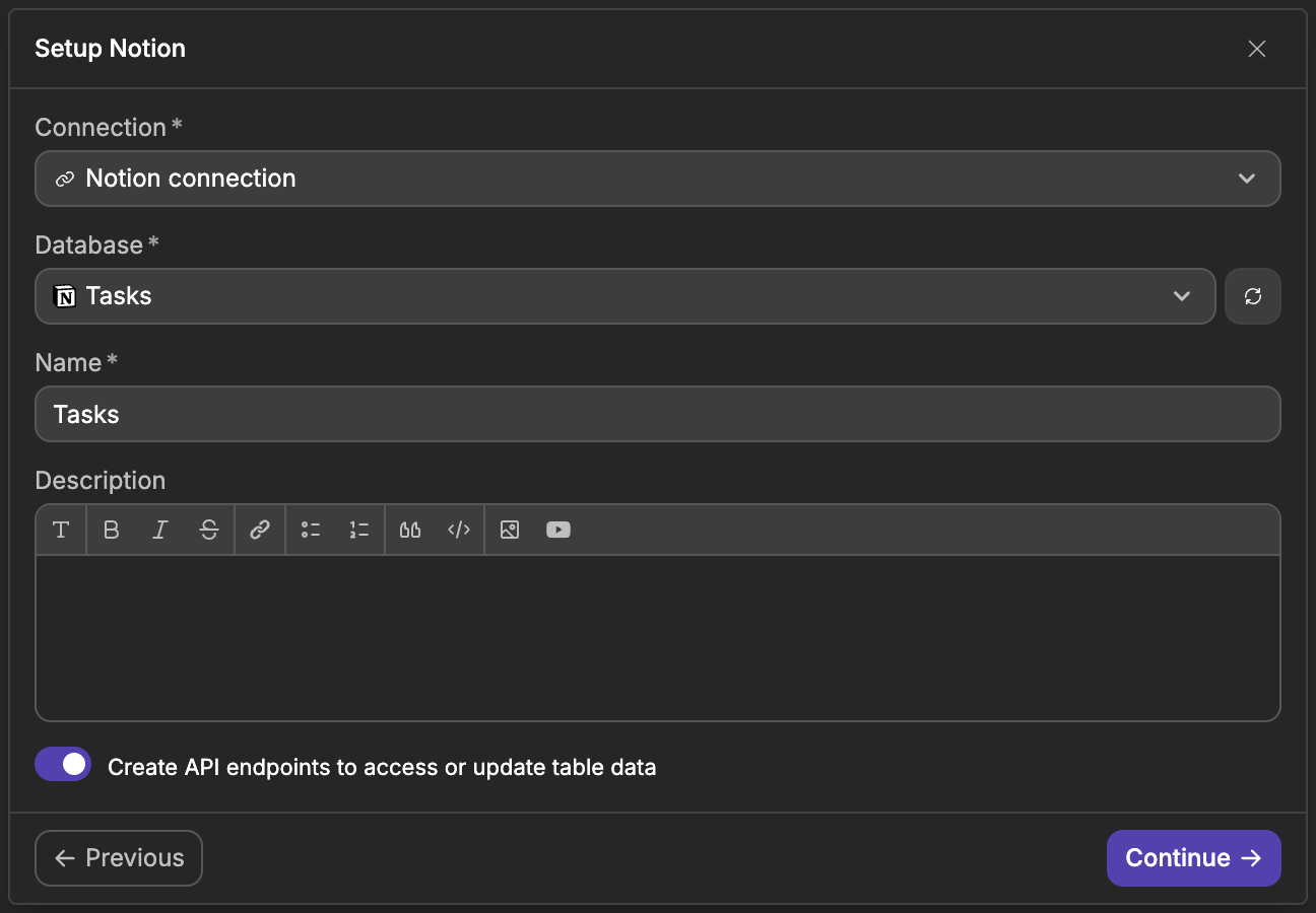 The Setup Notion step of Add Table, with the Connection, Database and Name fields and the Create API endpoints toggle