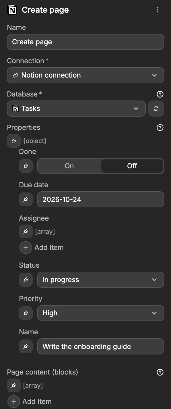 The Create page action with the Tasks database: a toggle for Done, a date for Due date, a list for Assignee, dropdowns for Status and Priority, and a text field for Name