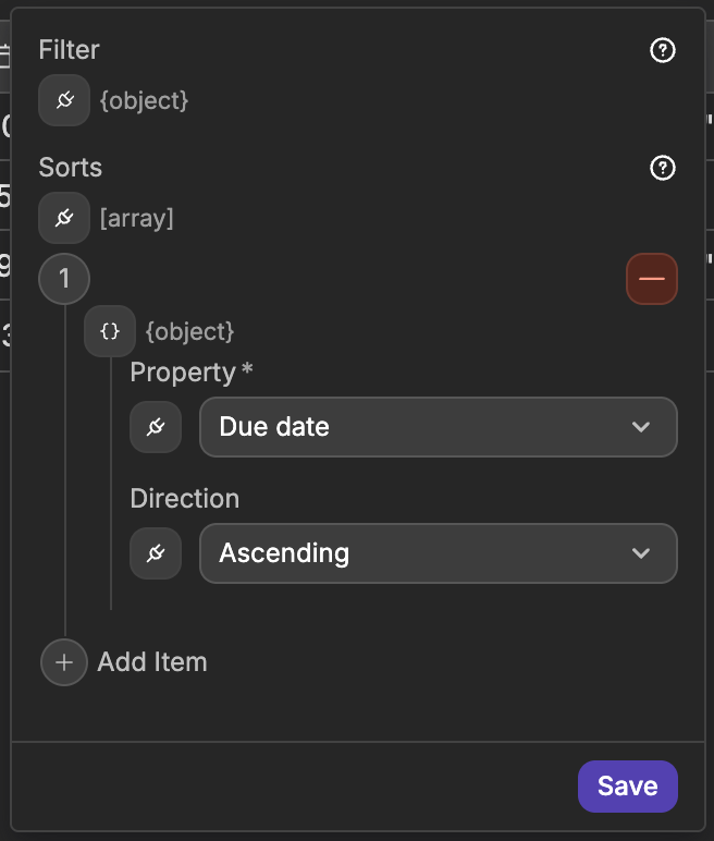 The Configuration popup of a Notion table view, sorted by Due date in ascending order