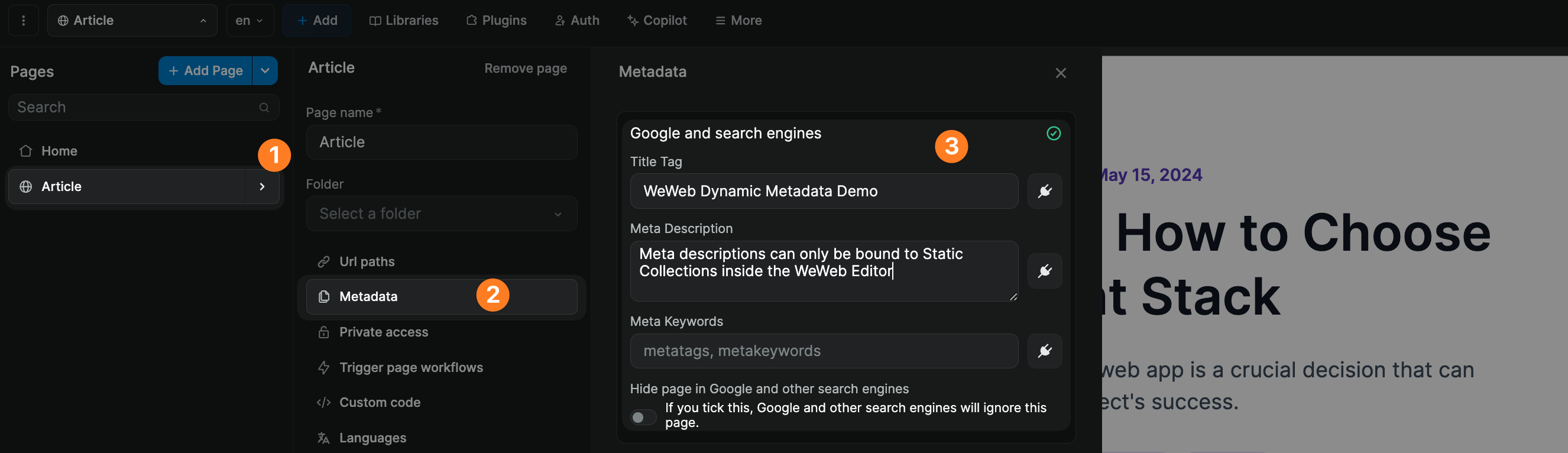 Page metadata in the WeWeb Editor