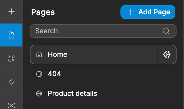 The Pages panel with the Add Page button, a search field and the list of pages