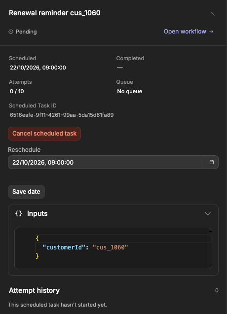 Details of a pending renewal reminder with the Cancel scheduled task button and the Reschedule date
