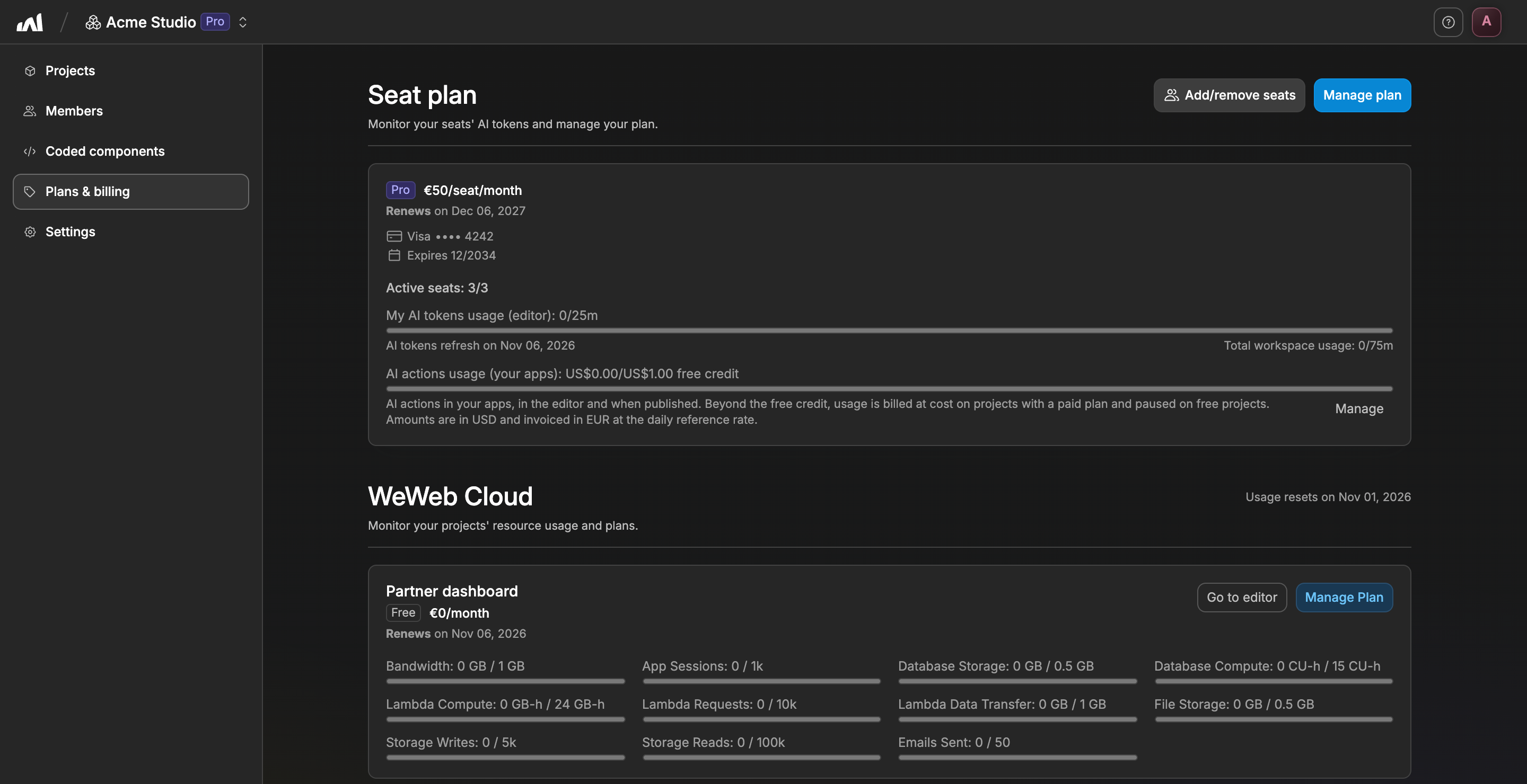 The Plans & billing tab of a workspace