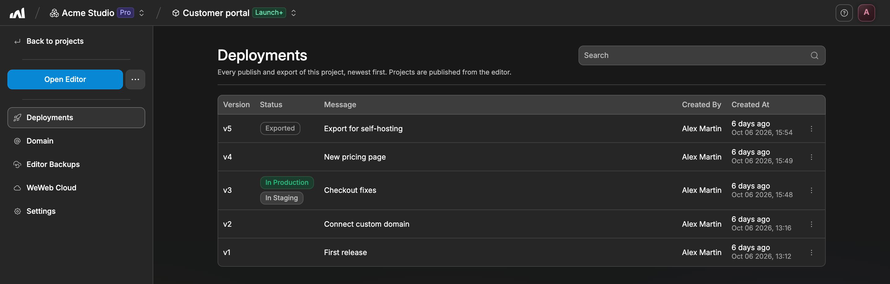 A WeWeb project in the dashboard, with its menu on the left